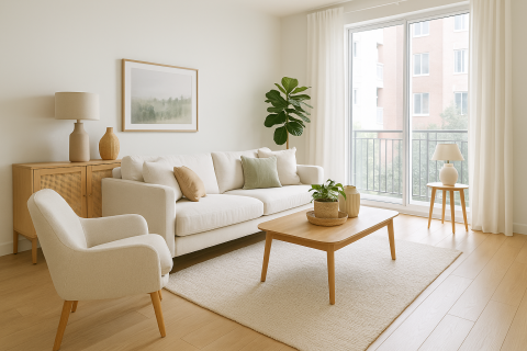 Salón moderno y luminoso con decoración neutra y acogedora, ejemplo de cómo preparar una casa para venderla más rápido y al mejor precio