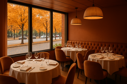 Interior de un restaurante elegante en Madrid con decoración otoñal y vistas a árboles de hojas anaranjadas durante el otoño de 2025