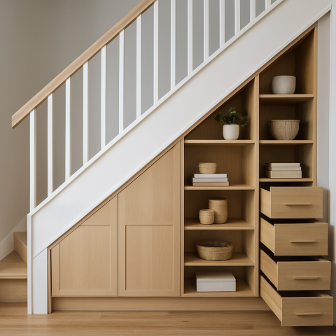Transformar la escalera en un espacio de almacenaje práctico y moderno es una de las formas más inteligentes de mejorar la funcionalidad del hogar.