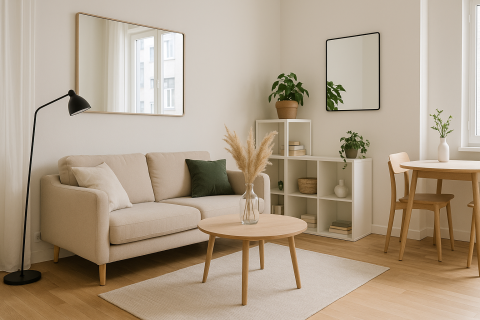 Los espejos son aliados infalibles en espacios reducidos. Coloca uno grande frente a una ventana o una fuente de luz y verás cómo tu piso se multiplica visualmente.